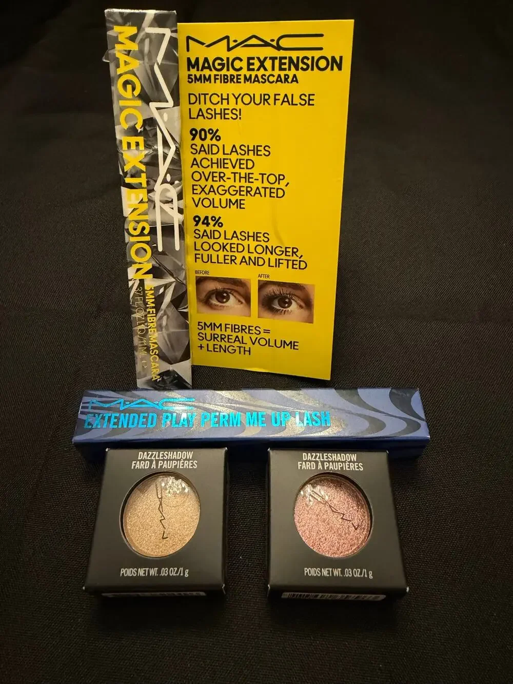 NIB MAC Eye Bundle: Magic Extension + Perm Me Up Mascaras & 2 Dazzleshadows